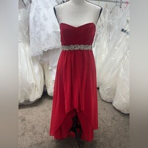 Elegant Red Strapless Dress with Embellished Waist
